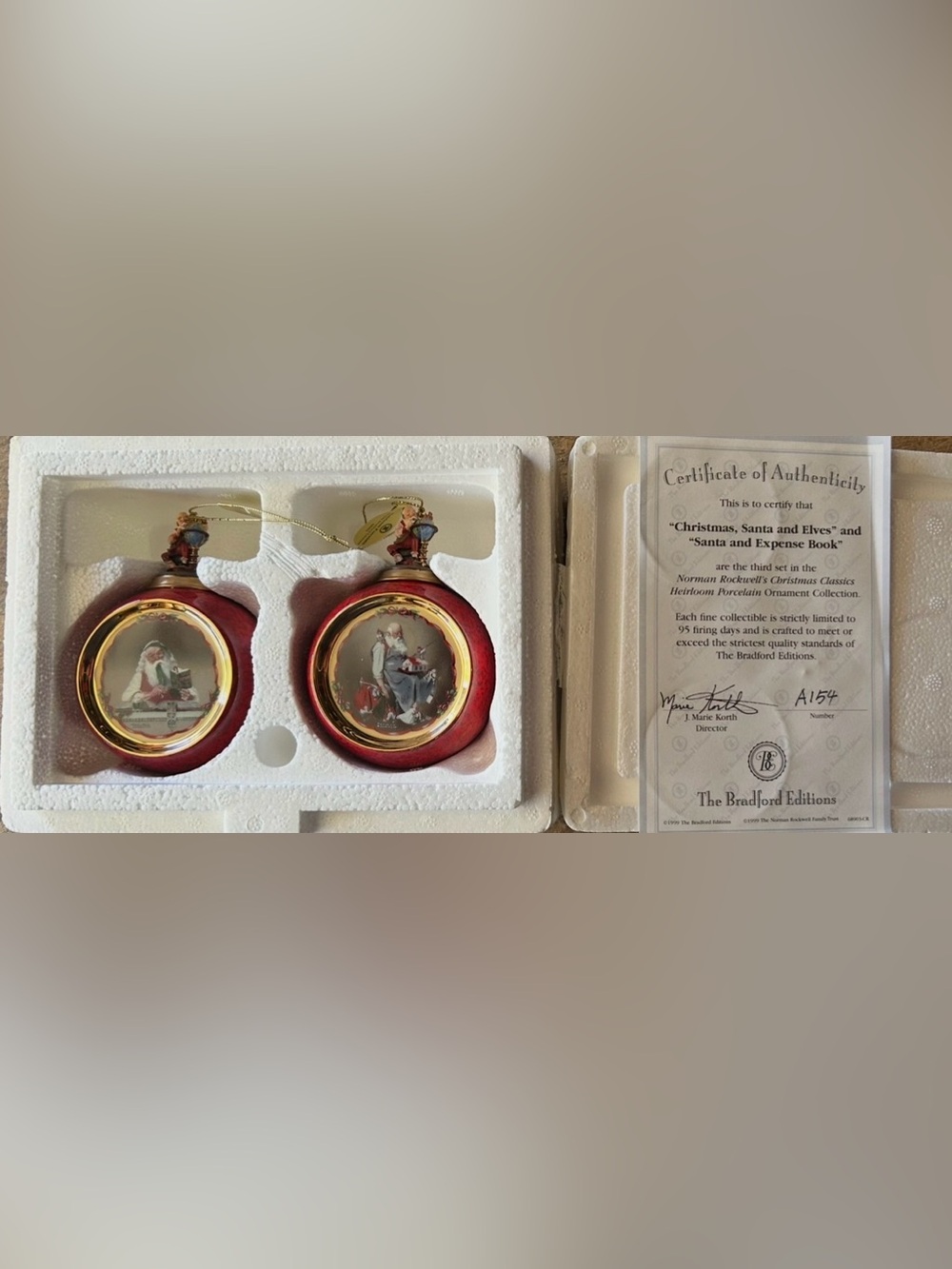 Norman Rockwell Red and Gold Holiday Ornament Set with Santa Scenes